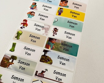 May include: A sheet of colorful Minecraft-themed name labels with the name "Samson Van" repeated on each label. The labels feature various Minecraft characters and backgrounds.