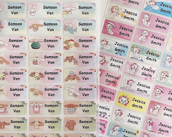 May include: A sheet of colorful, rectangular stickers with cartoon characters. The stickers are designed for children and feature the names "Samson Van" and "Jessica Smith".