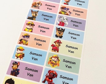 May include: A sheet of colorful labels featuring cartoon characters from the Paw Patrol television show. Each label has the name "Samson Van" printed on it.
