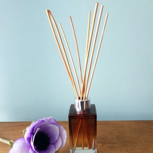 May include: A brown glass diffuser bottle with a silver cap and natural wooden sticks. The bottle is filled with a brown liquid and the sticks are partially submerged. A purple anemone flower is in the foreground.