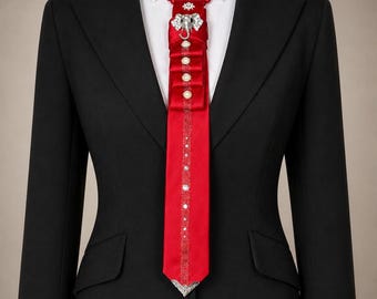 Women's Red Necktie Necklace with Rhinestone Elephant and Pearl Accents