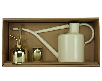 USA Haws indoor watering can set color cream 0.26 gallon 4 cup with brass plant sprayer The Rowley Ripple The Smethwick Spritzer
