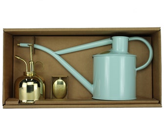 Haws Room Watering Can Watering Can Light Blue with Brass Flower Sprayer in Gift - Set The Rowley Ripple - Two Pint duck egg blue