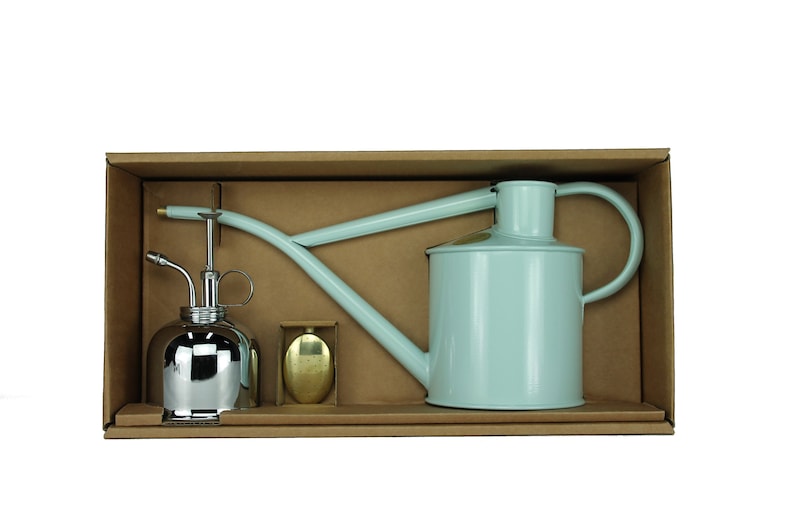 Haws Room Watering Can Watering Can Light Blue with Nickel Plant Sprayer in Gift Set The Rowley Ripple Two Pint Duck Egg Blue image 1