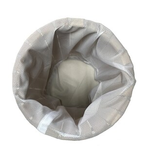 May include: A white mesh laundry bag, viewed from above, against a white background. The bag is cylindrical with a drawstring closure. The mesh has small, evenly spaced holes. The interior of the bag is visible.