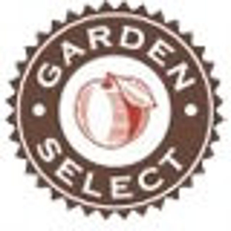 May include: A brown and white circular logo with the words "GARDEN SELECT" around the perimeter. The center features a peach with a red center. The logo has a scalloped edge.