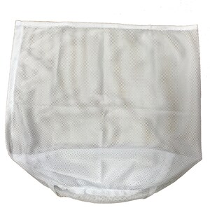 May include: A white mesh laundry bag, rectangular in shape with a rounded bottom. The bag is made of a fine, open weave material, allowing for air circulation. The bag is designed to hold and protect delicate items during washing.