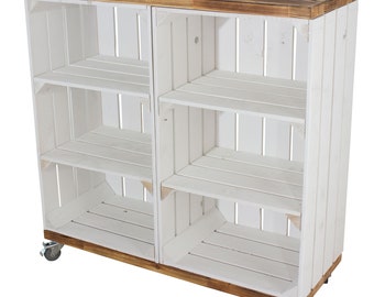 Shelf of 2 high white boxes with 2 middle boards and flamed plank board on rolls 79x80x31cm fruit boxes wine boxes