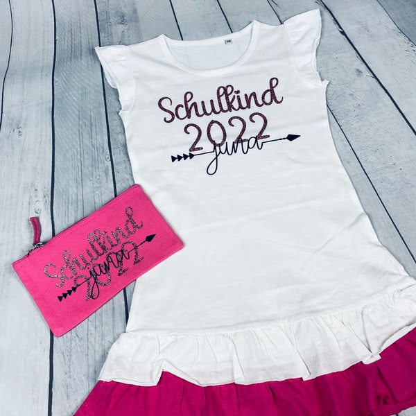 Einschulung Kleid Schulkind 2023 personalisiertes Kleid Wunschname zum Schulstart Einschulung  Kind Kleid Glitzer schul Kind