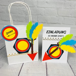 Mitgebseltüten Einladungskarte Set Bogenschießen goodie bags Kindergeburtstag birthday party happy birthday kids party invitation card