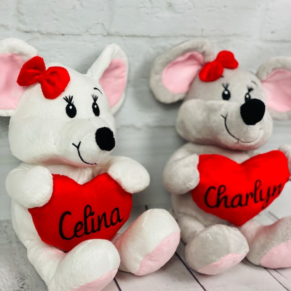 Valentinstag Geschenkidee - Herz Plüschtier - Personalisiert - Liebe Geschenk mit Wunschnamen - Plüschtier Maus mit Herz - Geschenkidee