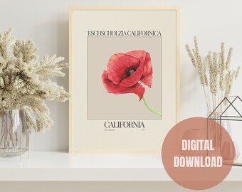 California State Flower Digital Print, California Poppy Poster, Neutral Wall Art, Boho Home Decor, Botanical Print, Watercolor Floral Print