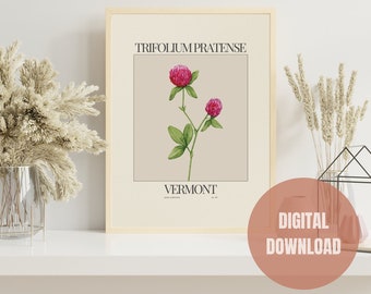 Vermont State Flower Digital Print, Vermont Red Clover Poster, Neutral Wall Art, Boho Home Decor, Botanical Print, Watercolor Floral Print