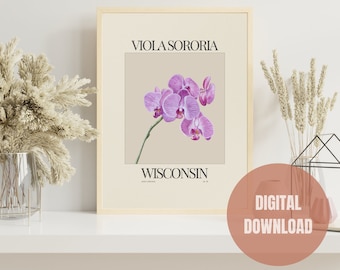 Stampa digitale fiore dello stato del Wisconsin, poster viola in legno del Wisconsin, arte della parete neutra, arredamento per la casa Boho, stampa floreale botanica, acquerello