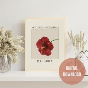 Impresión digital de flores del estado de Puerto Rico, cartel de hibisco de Puerto Rico, arte de pared neutral, decoración boho, impresión botánica, impresión floral de acuarela