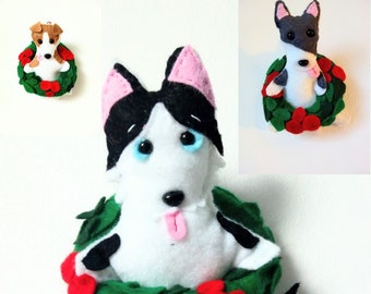 Felt Christmas ornaments dog - husky - labrador - bull terrier - jack russell in Christmas wreath