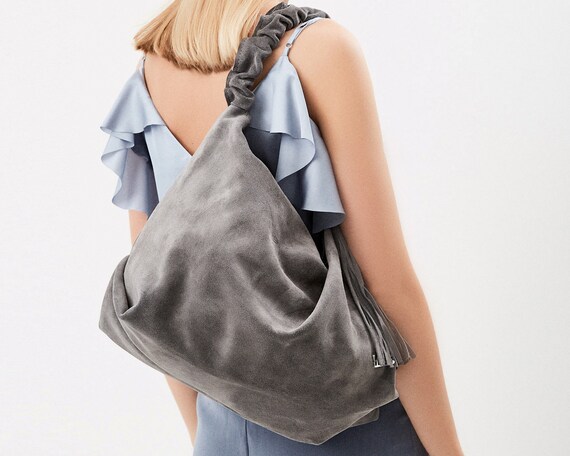 grey suede hobo bag