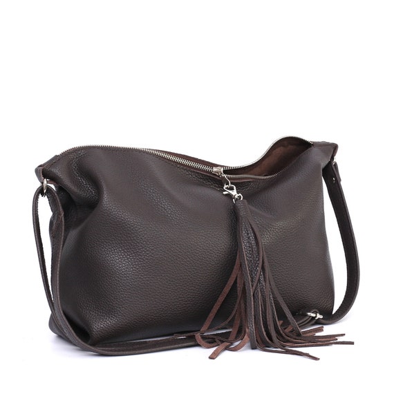 gray leather crossbody purse