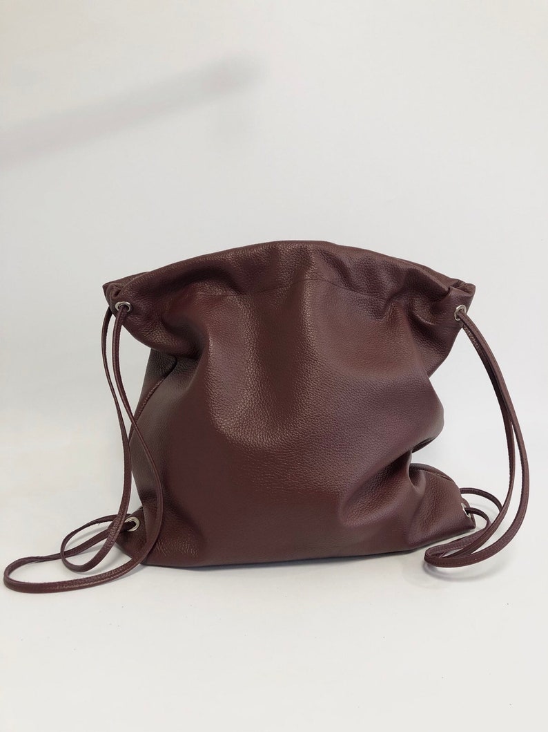 Burgundy Leather backpack drawstring backpack leather suede rucksack school bag Simple backpack Large convertible transformer chocolate
