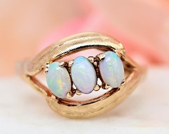 Vintage opal ring 10k gold three stone trilogy ring by Ebson fine jewelry gift for her