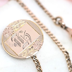 Botón victoriano con la letra H grabada en cadena de eslabones de 20 cm con mosquetón con clip para perro, joya antigua formal para hombre, reloj, accesorio formal, regalo para él