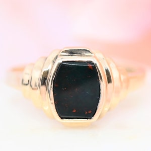 Art Deco bloodstone ring 10k yellow gold Size 8.5 signet ring antique shield ring stepped shoulders unique fine jewelry gift for her