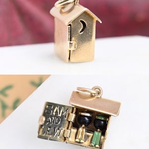 Vintage solid 14k gold charm Sam and Lew miniature outhouse kinetic door opens green enamel African Americana pendant 585 fine jewelry gift