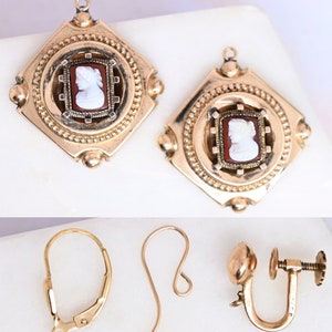 Antique cameo earrings gold filled dangles Victorian sardonyx Etruscan revival cameo earrings vintage cameo jewelry unique gift for her