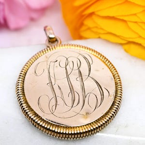 Antique locket &quot;KLB&quot; monogrammed initials large round photo locket charm yellow gold filled pendant Victorian antique jewelry gift for her