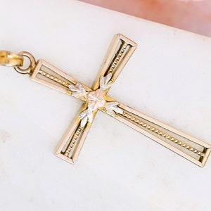 Unique 12k cross pendant Hayward gold filled tricolor large cross charm pink gold flower green gold leaves Christian jewelry gift for her