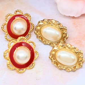 Vintage 1980s pearl button earrings red enamel pearl button earring lot gold tone earrings classic 1980s style costume jewelry gift for her