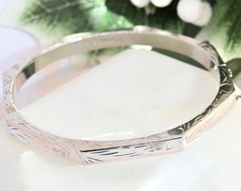 Lovely Vintage 1990s Sterling Silver 925 Octagonal Hinged Engraved Bangle