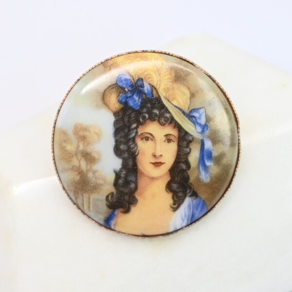 Vintage miniature portrait pearl enhancer pearl shortener | painted jewelry | blue ribbon lady | vintage jewelry gift for her