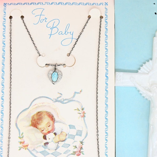 Vintage Blessed Mother charm blue enamel baby necklace Mary heart pendant sterling silver gift for baby vintage ephemera gift for her