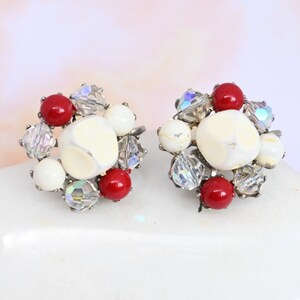 Vintage red white bead clip on earrings aurora borealis glass bead earrings costume jewelry non-pierced earring collector gift for her