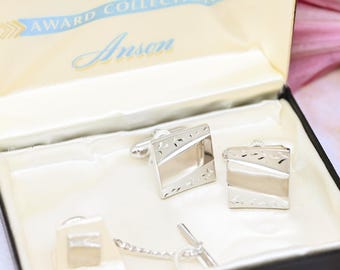 Vintage Anson Cufflink Set: Silver Tone Engraveable Square, Mid-Century