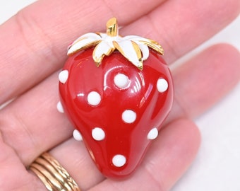 Vintage strawberry brooch red and white polka dot molded plastic dimensional fruit pin brooch collector costume jewelry gift for her