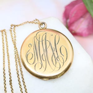 Antique locket &quot;MAH&quot; monogrammed initials large round photo locket pendant c1900 antique photos gold filled Victorian jewelry gift for her