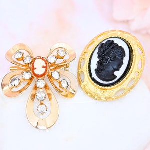 Vintage cameo brooch lot ornate faux shell and sardonyx cameo statement brooch molded resin fancy frame costume jewelry gift for her
