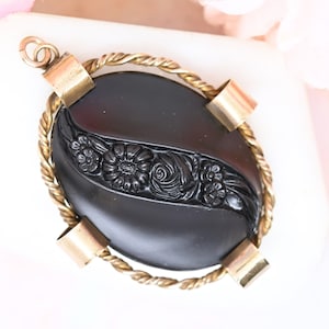 Pendentif de deuil victorien ancien, rose florale noire, ne m'oubliez pas, gros bijoux décoratifs