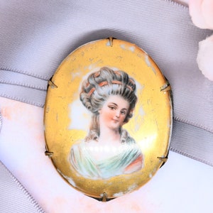 Exquisite antique portrait brooch hand painted porcelain French lady pink green gold pin cameo victorian edwardian era jewelry gift for her