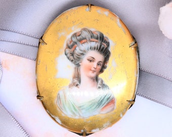 Exquisite antique portrait brooch hand painted porcelain French lady pink green brass pin cameo victorian edwardian jewelry gift for her