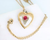 Vintage Gold Heart Locket Synthetic Ruby red stone 12k gold 19 inch chain 1930s 1940s July birthstone gift for her