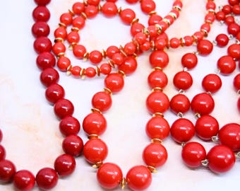 Vintage red bead necklaces, colorful costume jewelry, 1950, 1960 fashion