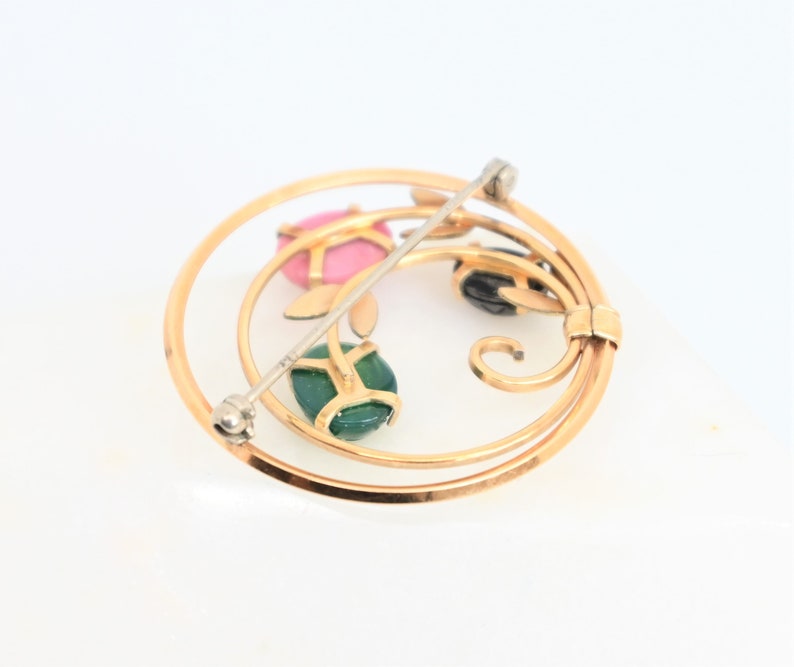 Scarab brooch by Krementz 14k gold overlay circle pin 1940 1950s onyx jade signed vintage jewelry