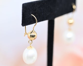 Pendientes colgantes de perla de oro de 14 k de 1,25 pulgadas, Estate 585, joyería fina clásica para bodas y novias.