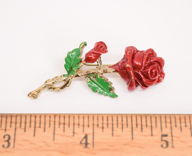Vintage brooch lot Gold tone rose flower brooch Long stem Red rose Ladies lapel pin Gold tone costume jewelry craft lot gift for her