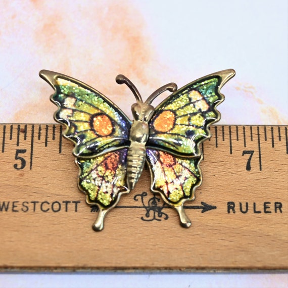 Vintage butterfly brooch green yellow orange glit… - image 3
