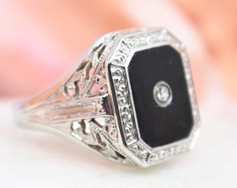 Antique Art Deco Signet Ring, 10k White gold, Size 5