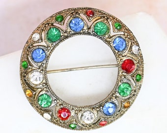 Vintage multicolor checo broche de vidrio rojo azul verde piedras potmetal C cierre círculo pin joyería joyería única broche coleccionista regalo para ella